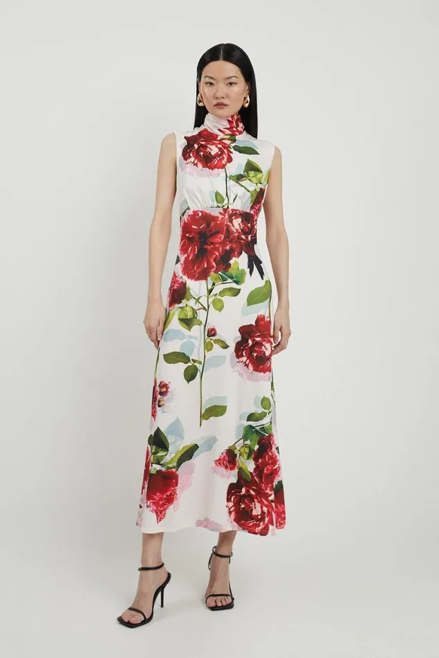 Dresses Women Karen Millen Rose Print High Neck Drapey Crepe Jersey Maxi Dress Floral Dresses Women Karen Millen Rose Print High Neck Drapey Crepe Jersey Maxi Dress Floral