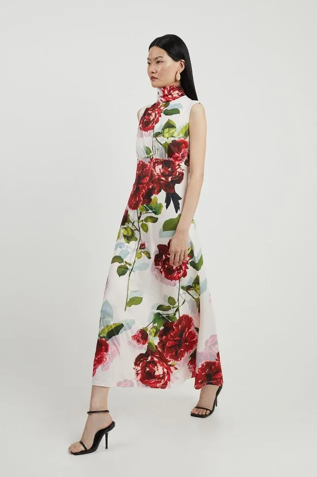 Dresses Women Karen Millen Rose Print High Neck Drapey Crepe Jersey Maxi Dress Floral