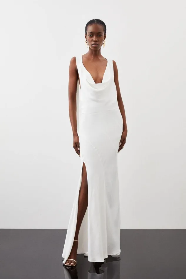 Dresses Women Karen Millen Satin Crepe Mix Cowl Neck Maxi Dress Ivory