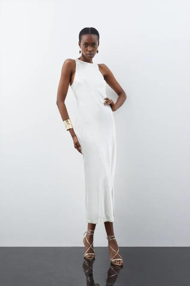 Dresses Women Karen Millen Satin Woven Column Maxi Dress Ivory