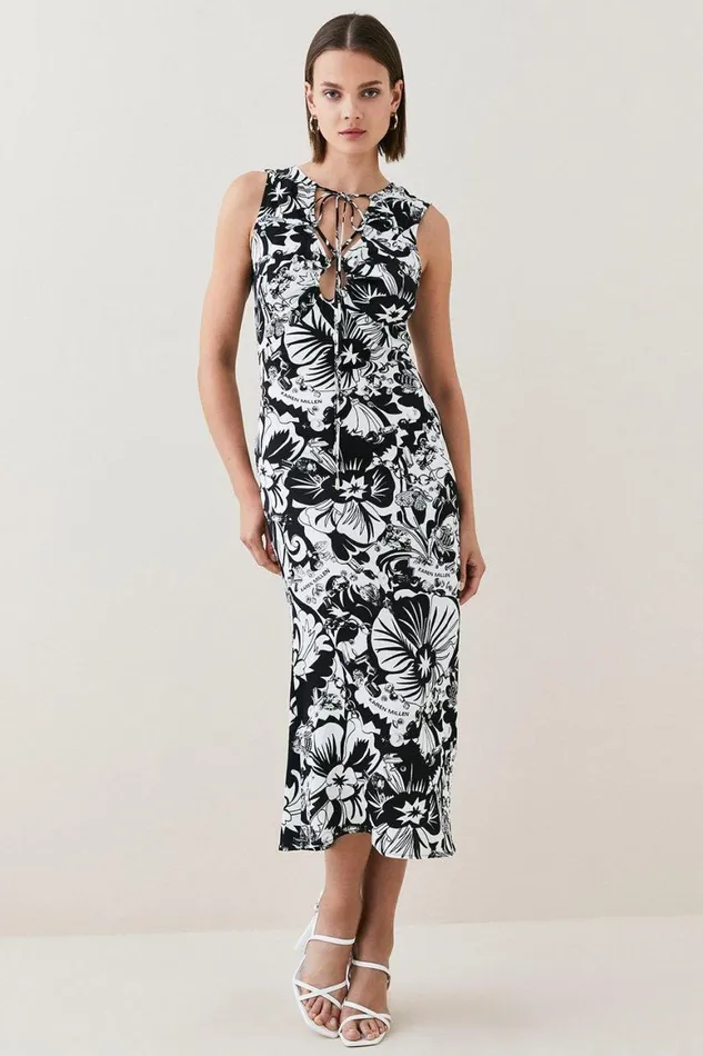 Dresses Women Karen Millen Scarf Print Viscose Strong Shoulder Dress Mono