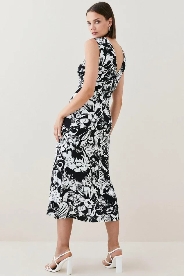 Dresses Women Karen Millen Scarf Print Viscose Strong Shoulder Dress Mono