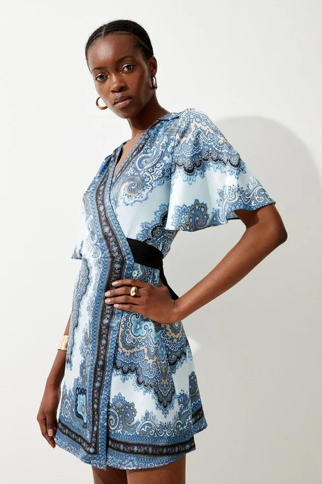 Dresses Women Karen Millen Scarf Printed Hammered Satin Woven Wrap Mini Dress Blue