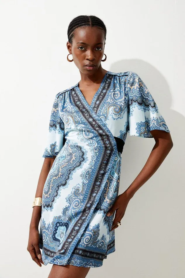 Dresses Women Karen Millen Scarf Printed Hammered Satin Woven Wrap Mini Dress Blue