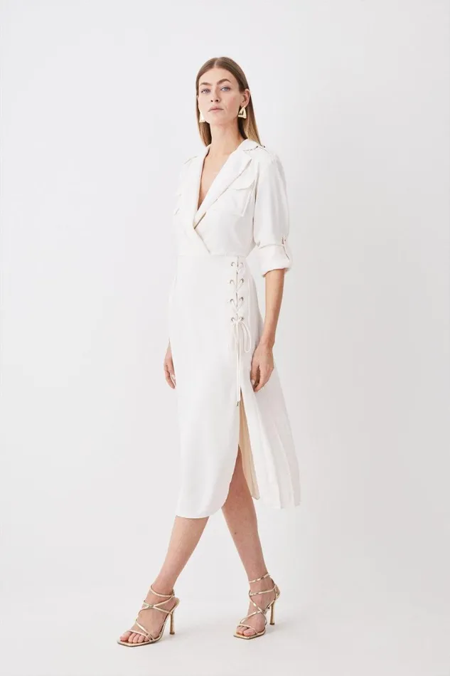 Dresses Women Karen Millen Soft Tailored Lace Up Pleated Shirt Dress Ivory