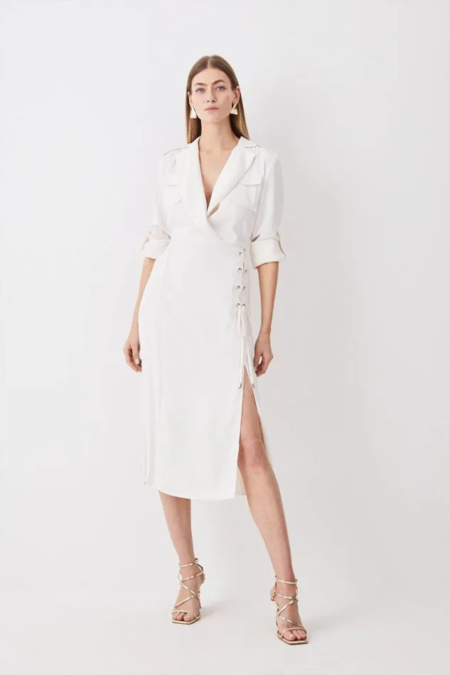 Dresses Women Karen Millen Soft Tailored Lace Up Pleated Shirt Dress Ivory