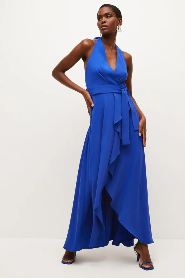 Dresses Women Karen Millen Soft Tailored Waterfall Halter Maxi Dress Blue