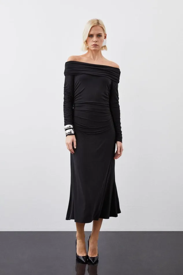 Dresses Women Karen Millen Soft Touch Slinky Jersey Bardot Midi Dress Black