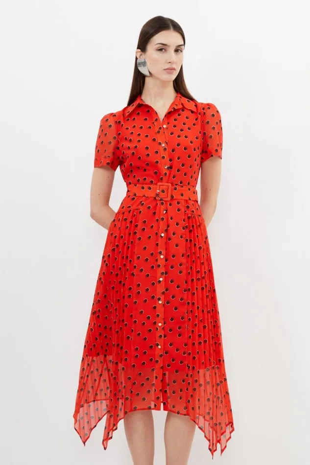 Dresses Women Karen Millen Spot Print Pleated Georgette Woven Shirt Midi Dress Red Dresses Women Karen Millen Spot Print Pleated Georgette Woven Shirt Midi Dress Red