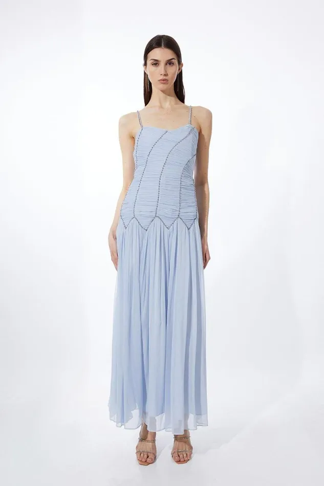 Dresses Women Karen Millen Strappy Embellished Ruched Georgette Woven Maxi Dress Blue Dresses Women Karen Millen Strappy Embellished Ruched Georgette Woven Maxi Dress Blue