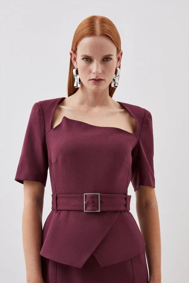 Dresses Women Karen Millen Structured Crepe Asymmetric Neck Belted Midi Pencil Dress Merlot