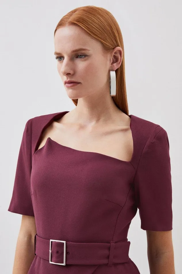 Dresses Women Karen Millen Structured Crepe Asymmetric Neck Belted Midi Pencil Dress Merlot