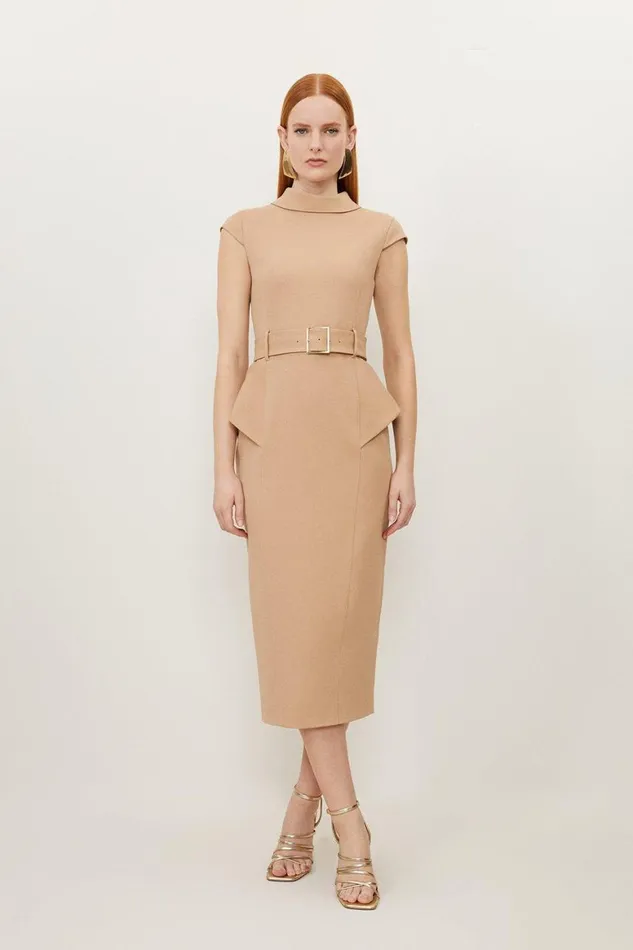 Dresses Women Karen Millen Structured Crepe Roll Neck Peplum Belted Midi Dress Camel Dresses Women Karen Millen Structured Crepe Roll Neck Peplum Belted Midi Dress Camel