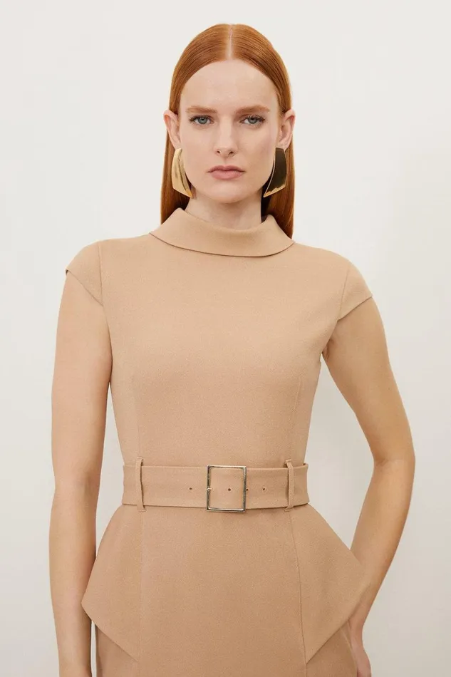 Dresses Women Karen Millen Structured Crepe Roll Neck Peplum Belted Midi Dress Camel