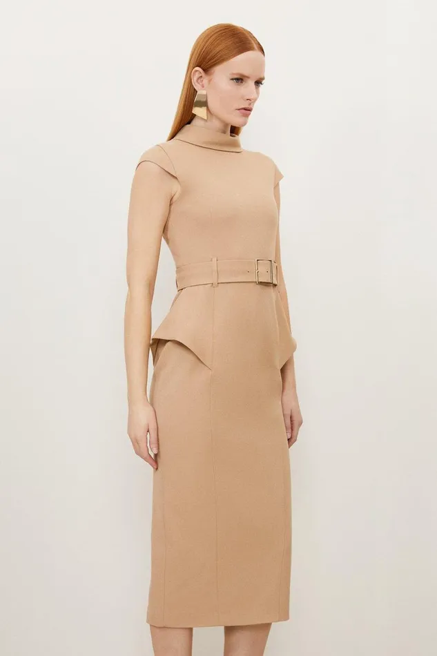 Dresses Women Karen Millen Structured Crepe Roll Neck Peplum Belted Midi Dress Camel