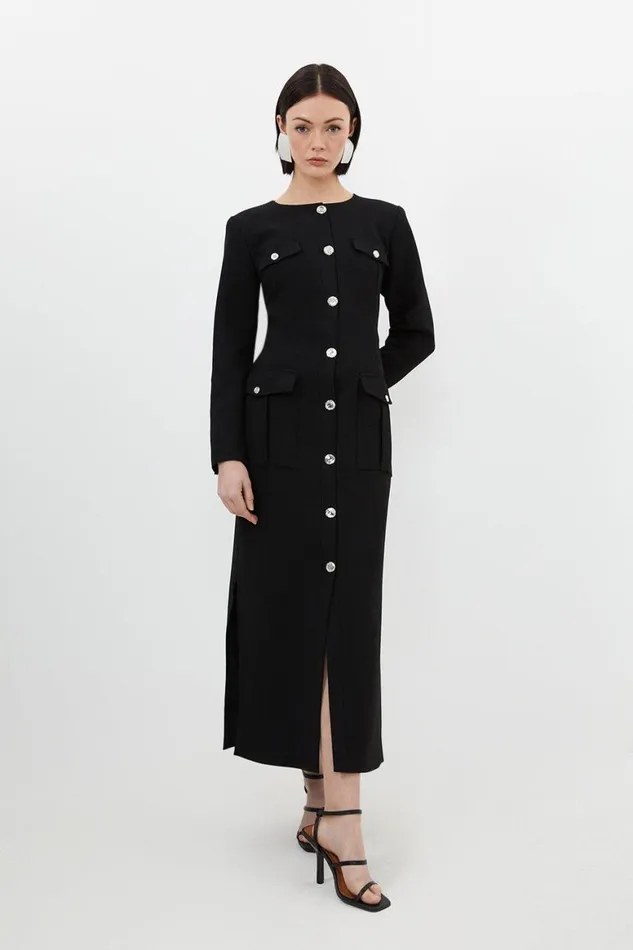 Dresses Women Karen Millen Tailored Compact Stretch Button Through Midi Dress Black Dresses Women Karen Millen Tailored Compact Stretch Button Through Midi Dress Black