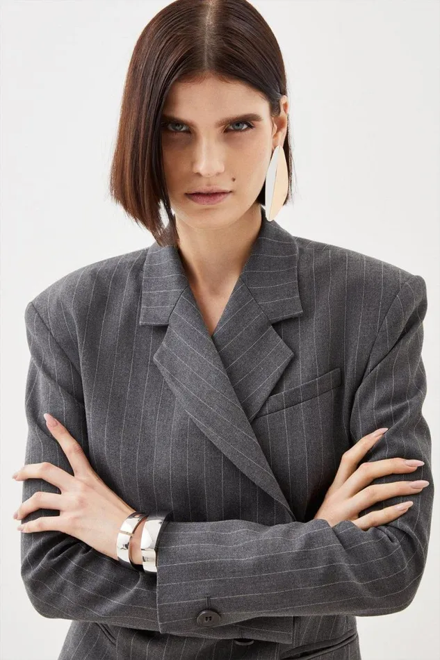 Dresses Women Karen Millen Tailored Compact Stretch Pinstripe Single Breasted Blazer Dress Grey