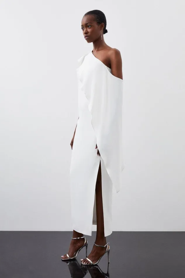 Dresses Women Karen Millen Tailored Compact Stretch Viscose Drape Detail Maxi Dress Ivory