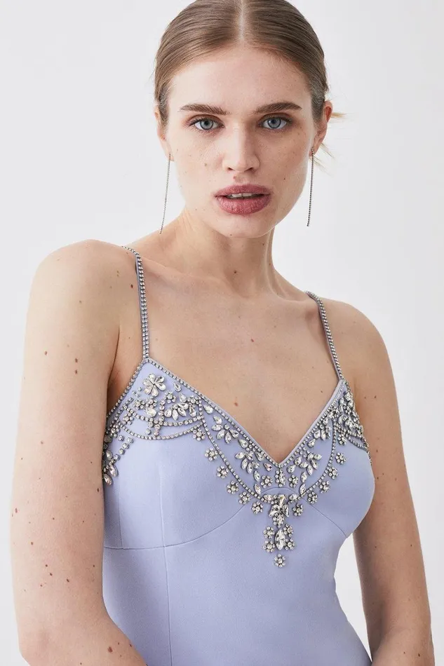 Dresses Women Karen Millen Tall Crystal Embellished Strappy Woven Midi Dress Blue