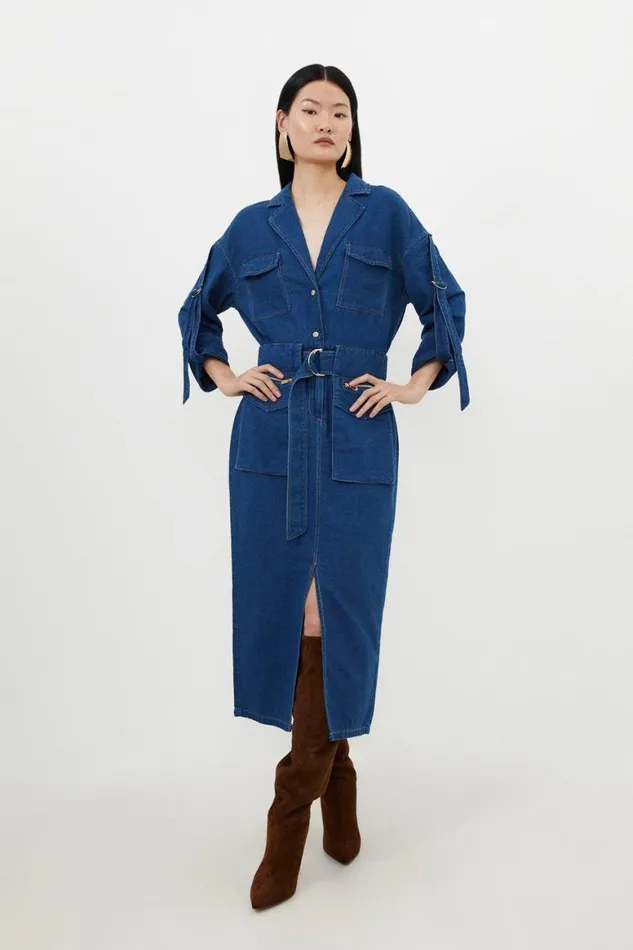 Dresses Women Karen Millen Tall Denim Woven Maxi Shirt Dress Denim