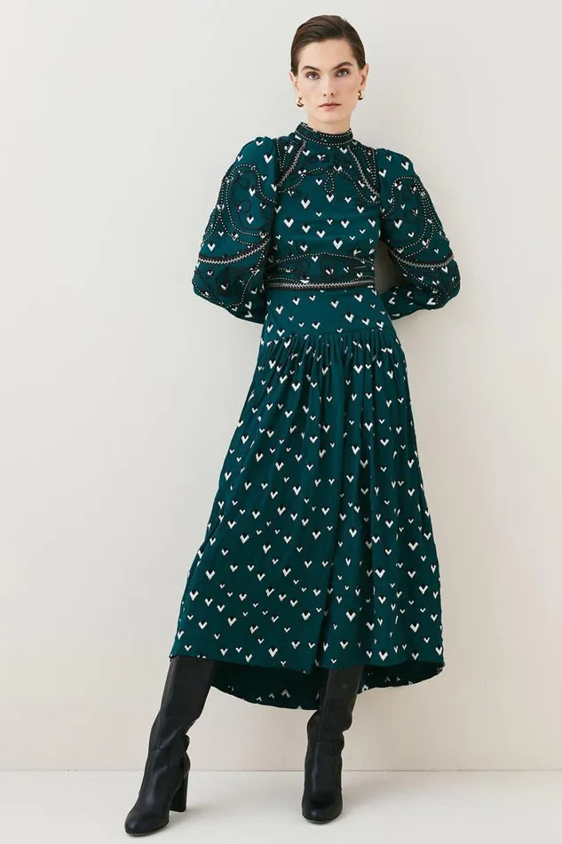 Dresses Women Karen Millen Tall Embroidered Cornelli Tape Woven Dress Bottle Green Dresses Women Karen Millen Tall Embroidered Cornelli Tape Woven Dress Bottle Green