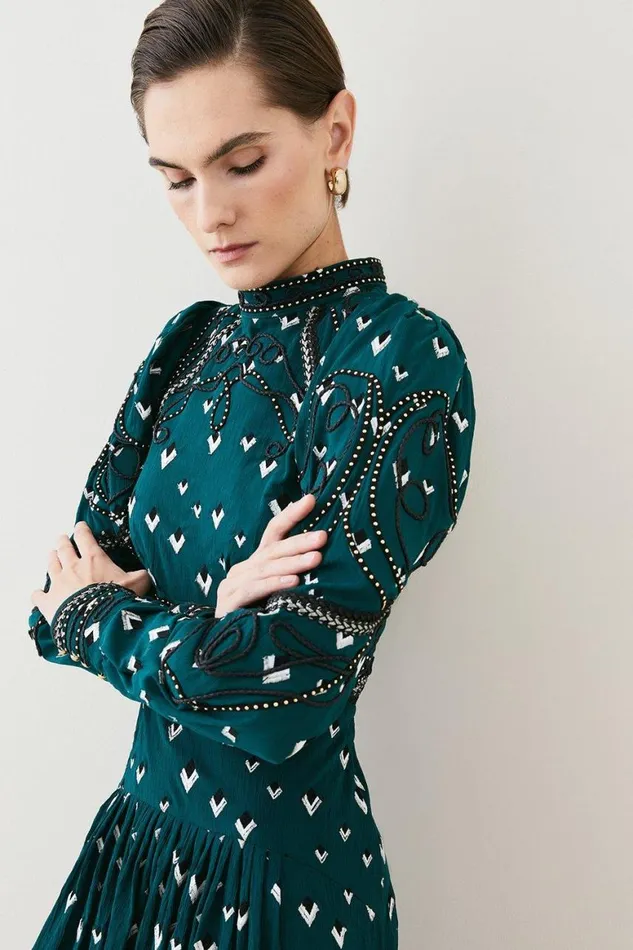 Dresses Women Karen Millen Tall Embroidered Cornelli Tape Woven Dress Bottle Green