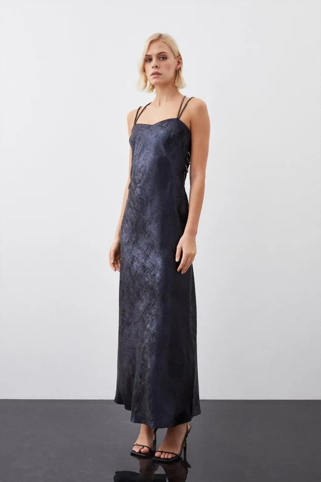 Dresses Women Karen Millen Tall Premium Metallic Diamante Detail Woven Midaxi Dress Navy