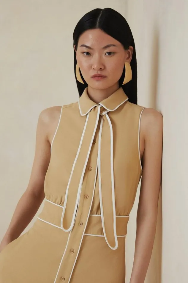 Dresses Women Karen Millen Tall The Founder Contrast Tipped Sleeveless Tailored Shirt Dress Camel