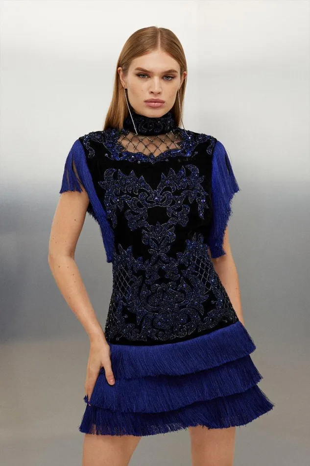 Dresses Women Karen Millen Velvet Baroque Fringe Woven Mini Dress Blue
