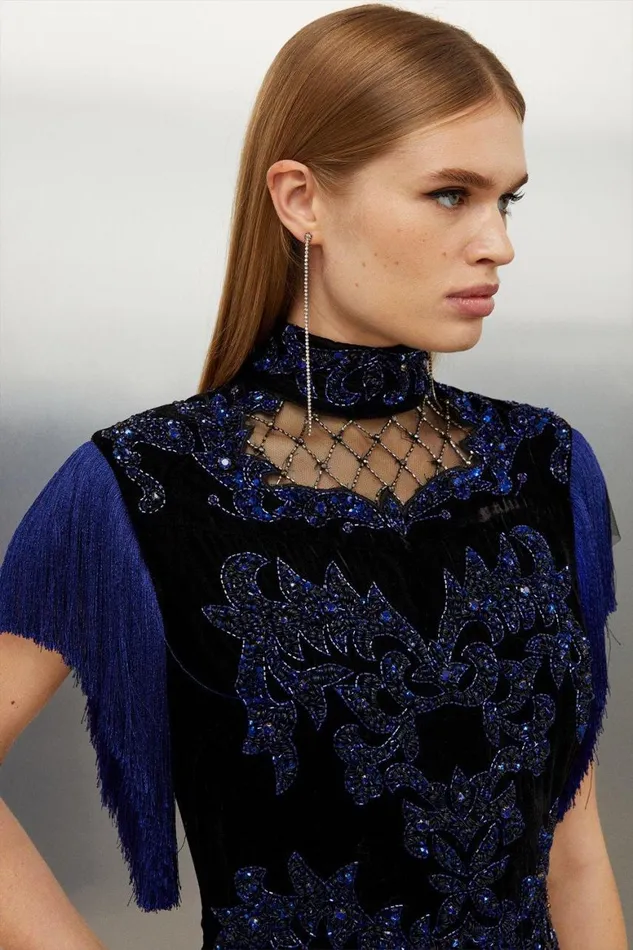 Dresses Women Karen Millen Velvet Baroque Fringe Woven Mini Dress Blue
