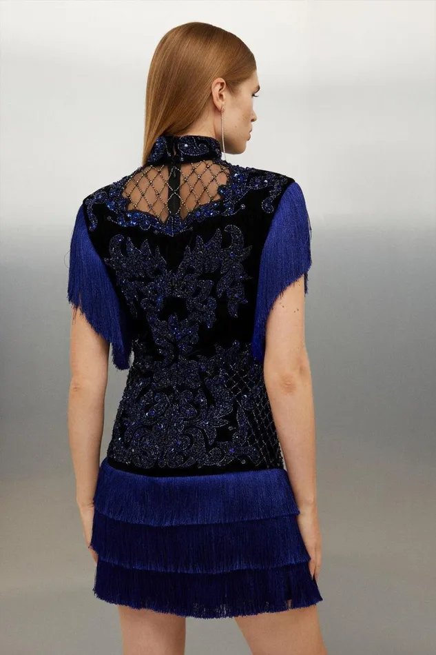 Dresses Women Karen Millen Velvet Baroque Fringe Woven Mini Dress Blue