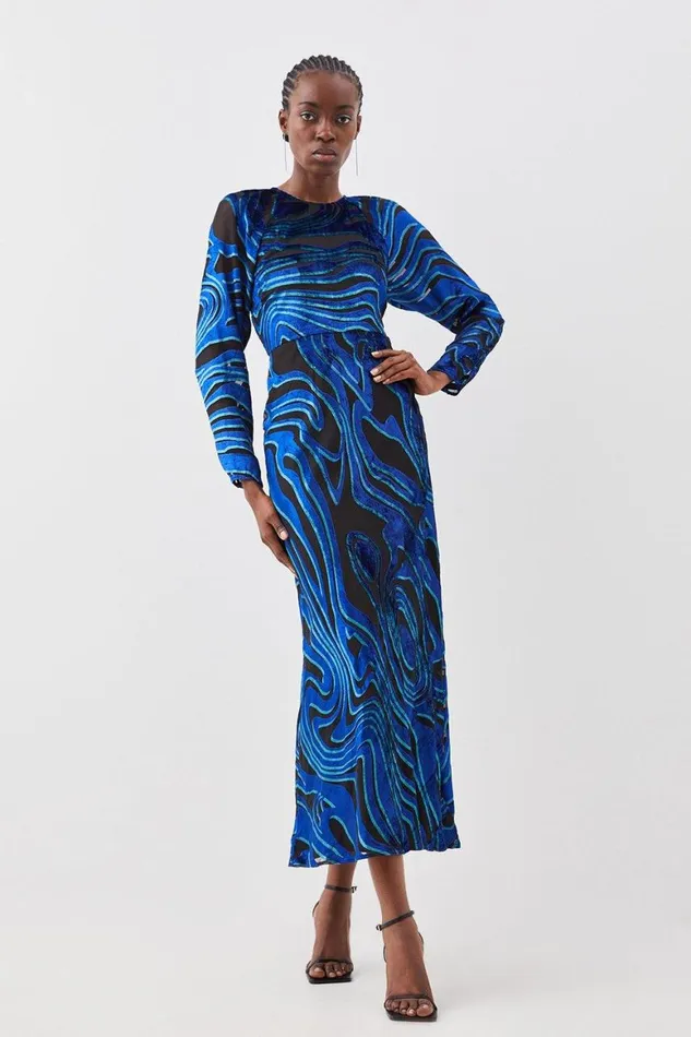 Dresses Women Karen Millen Velvet Devore Woven Midaxi Column Dress Blue
