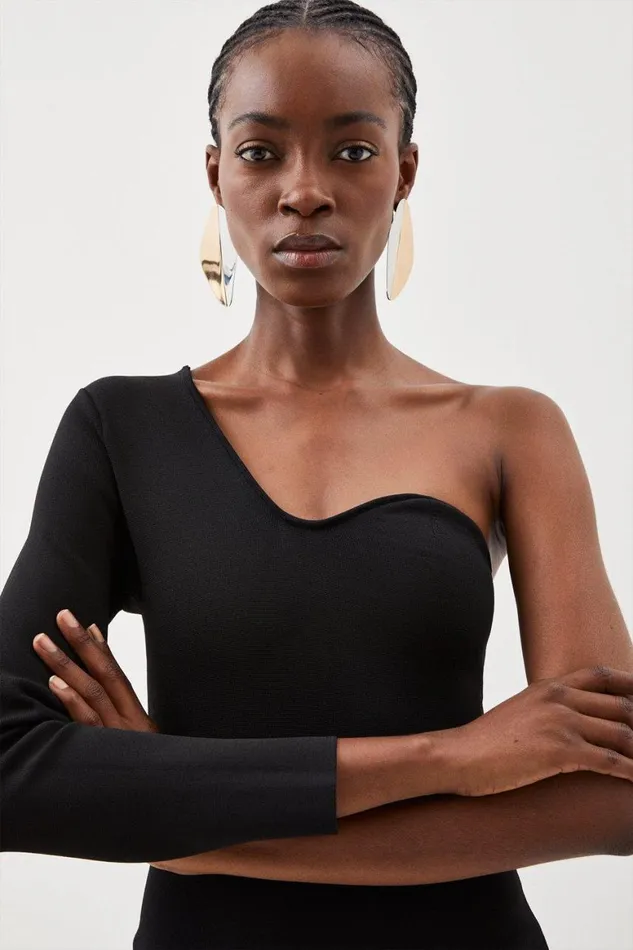 Dresses Women Karen Millen Viscose Blend Body Contouring One Shoulder Knit Pencil Dress Black