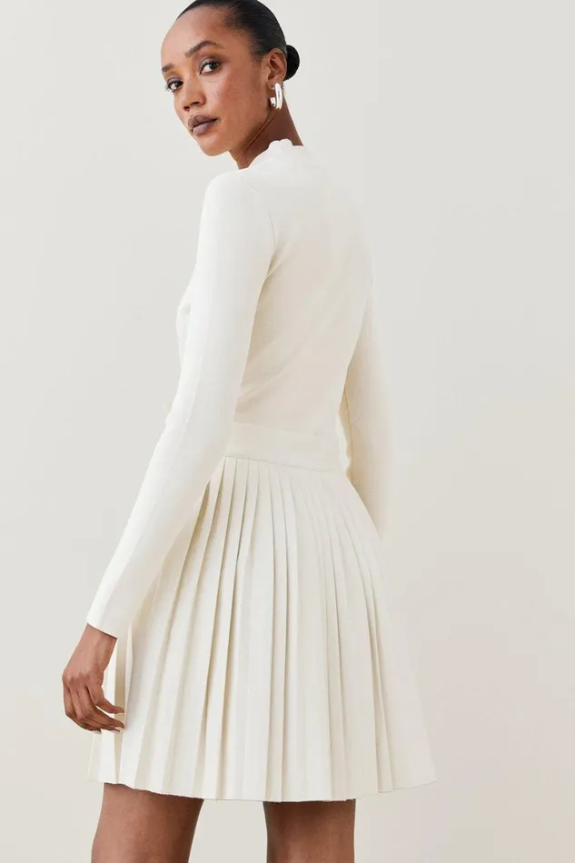 Dresses Women Karen Millen Viscose Blend Knitted Skater Dress With Pu Mini Detailing Cream