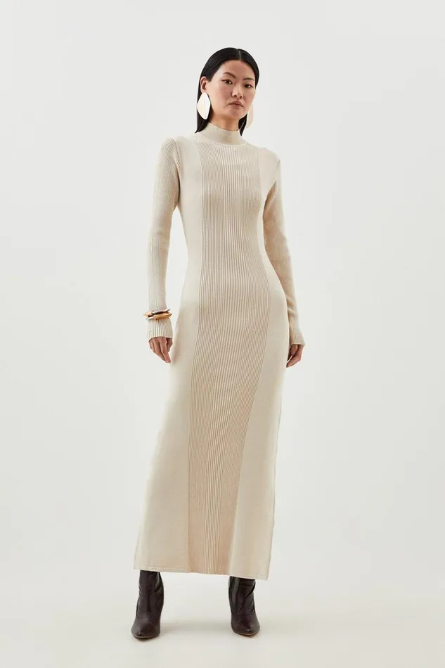 Dresses Women Karen Millen Viscose Blend Long Neck Knit Maxi Dress Natural