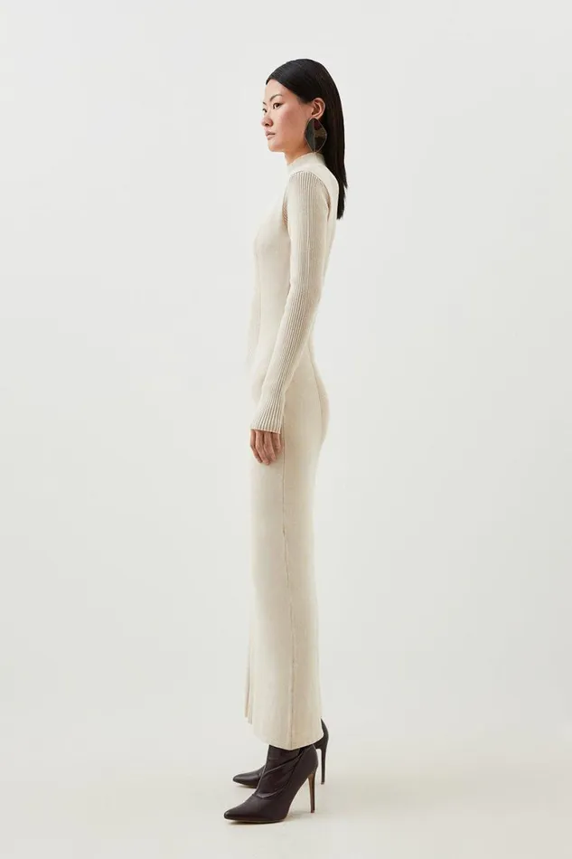 Dresses Women Karen Millen Viscose Blend Long Neck Knit Maxi Dress Natural