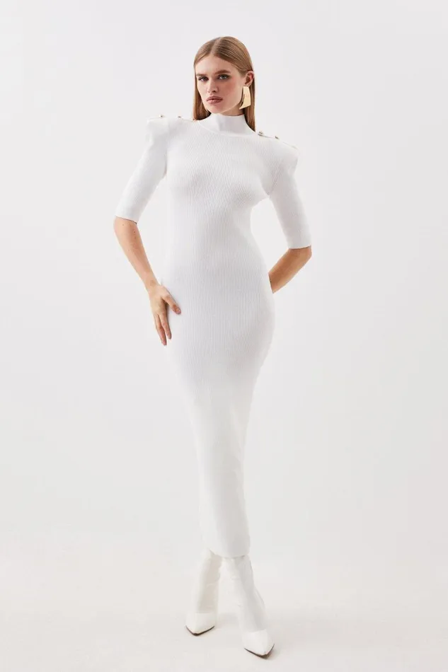 Dresses Women Karen Millen Viscose Blend Rib Knit Power Shoulder Military Trim Maxi Dress Ivory Dresses Women Karen Millen Viscose Blend Rib Knit Power Shoulder Military Trim Maxi Dress Ivory