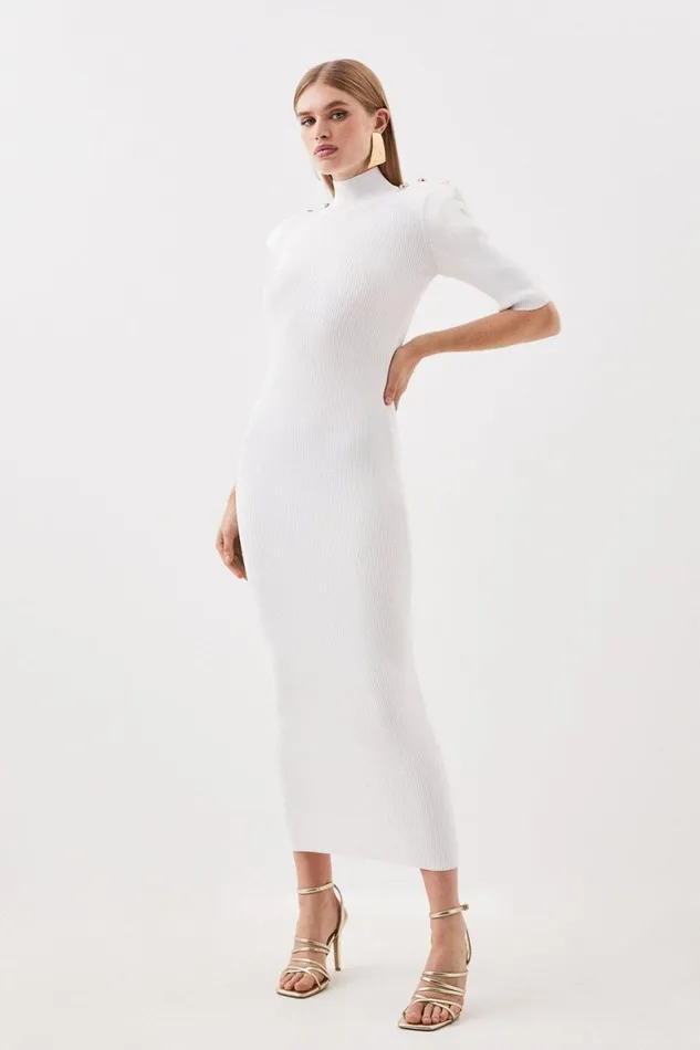 Dresses Women Karen Millen Viscose Blend Rib Knit Power Shoulder Military Trim Maxi Dress Ivory