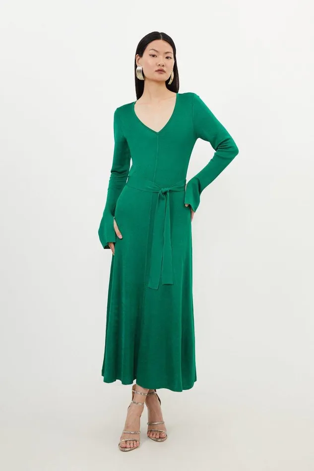 Dresses Women Karen Millen Viscose Blend Slinky Knit Belted Full Skirt Midaxi Dress Green Dresses Women Karen Millen Viscose Blend Slinky Knit Belted Full Skirt Midaxi Dress Green