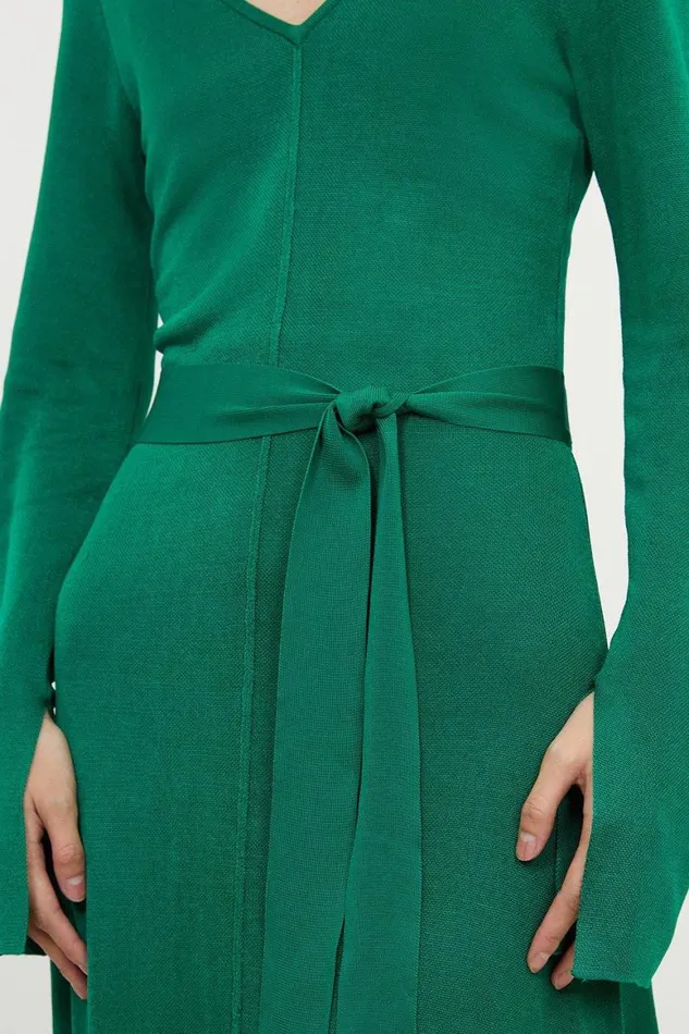 Dresses Women Karen Millen Viscose Blend Slinky Knit Belted Full Skirt Midaxi Dress Green