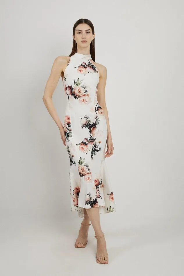 Dresses Women Karen Millen Viscose Satin Back Crepe Peony Waterfall Hem High Neck Dress Floral Dresses Women Karen Millen Viscose Satin Back Crepe Peony Waterfall Hem High Neck Dress Floral