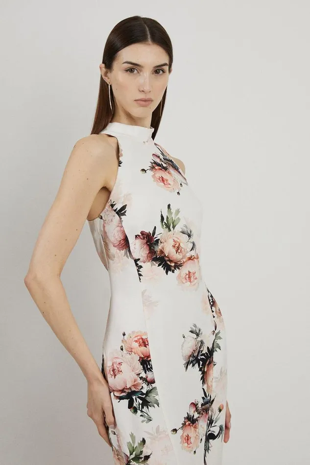 Dresses Women Karen Millen Viscose Satin Back Crepe Peony Waterfall Hem High Neck Dress Floral