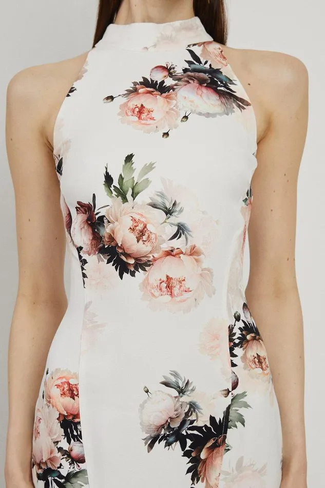 Dresses Women Karen Millen Viscose Satin Back Crepe Peony Waterfall Hem High Neck Dress Floral