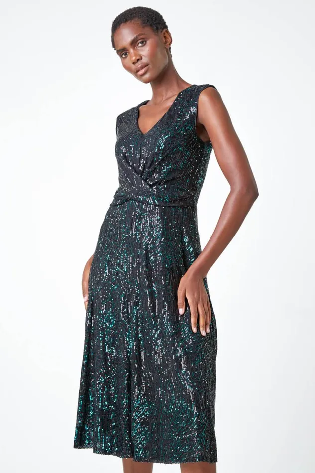 Emerald Sequin Twist Front Midi Stretch Dress Women Roman Dresses