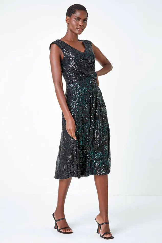 Emerald Sequin Twist Front Midi Stretch Dress Women Roman Dresses