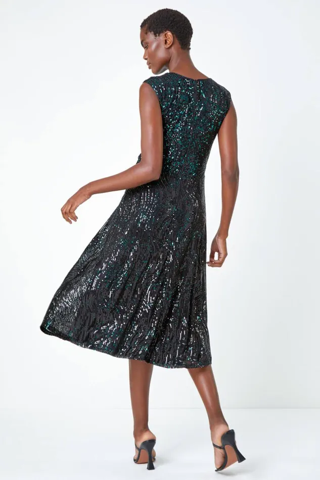 Emerald Sequin Twist Front Midi Stretch Dress Women Roman Dresses