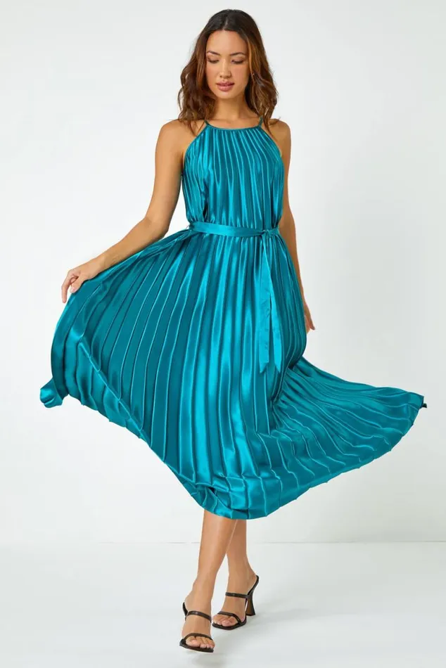 Emerald Sleeveless Pleated Halter Neck Midi Dress Women Roman Dresses