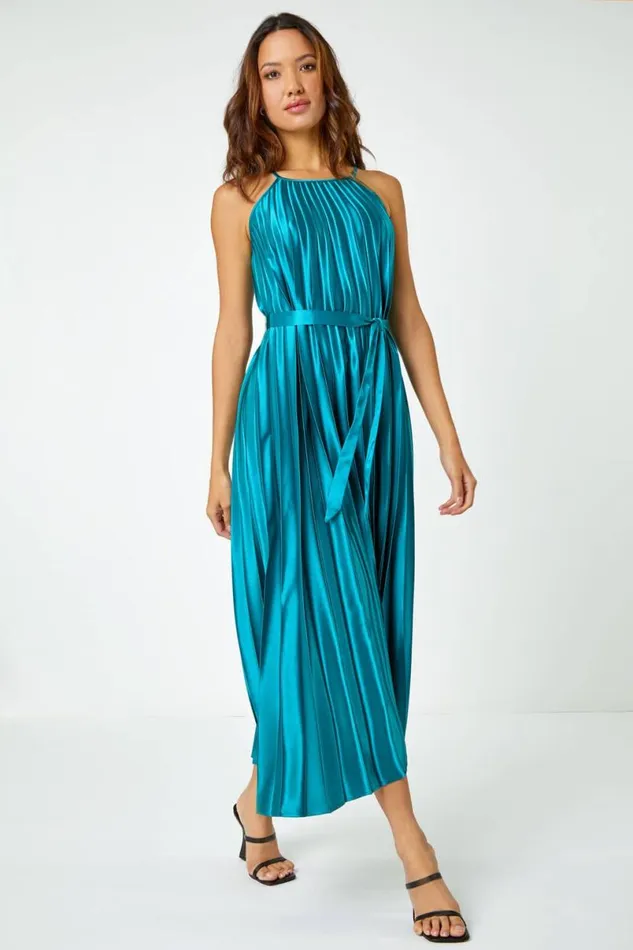 Emerald Sleeveless Pleated Halter Neck Midi Dress Women Roman Dresses