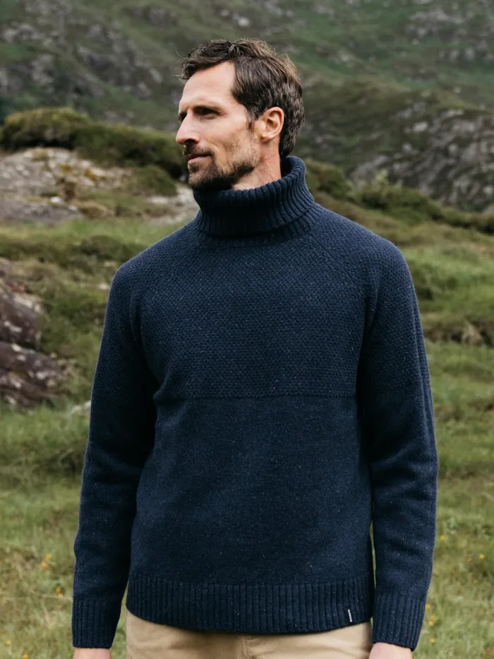 Finisterre Knitwear Men Fishermans Roll Neck Knit Sweater Navy