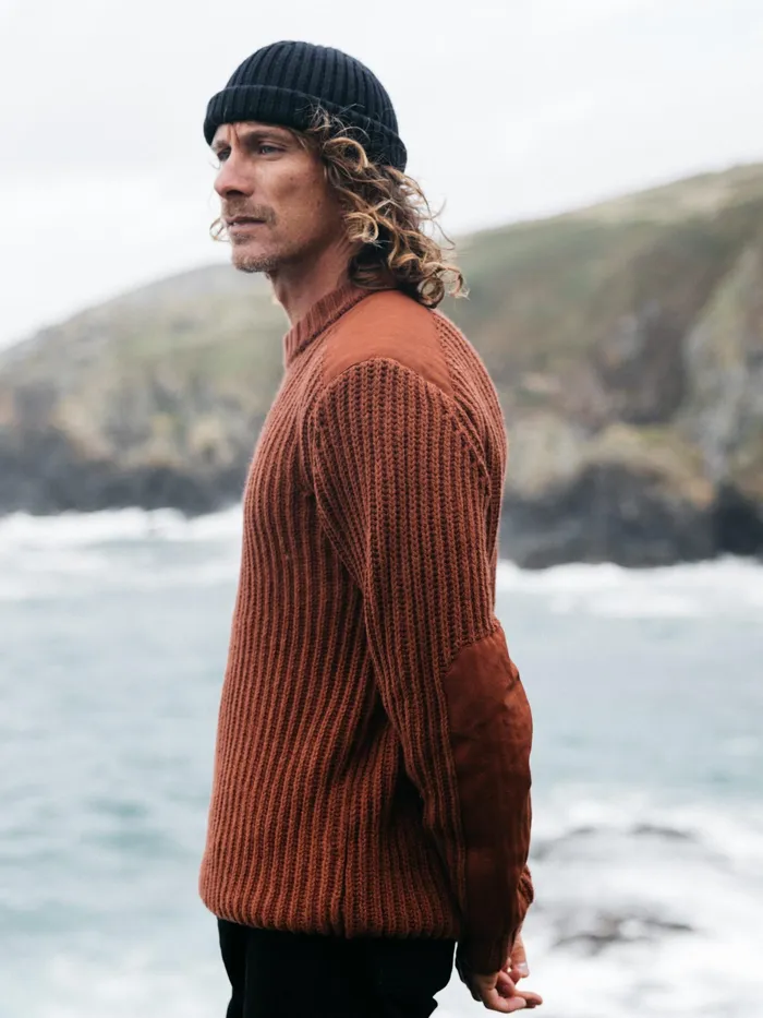 Finisterre Knitwear Men Needus Patched Crew Knit Sweater Dark Rosewood